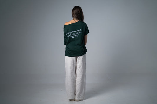 HER STORY OFF SHOULDER T-SHIRT IN DARK GREEN