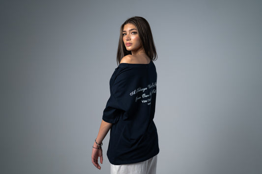 HER STORY OFF SHOULDER T-SHIRT IN NAVY