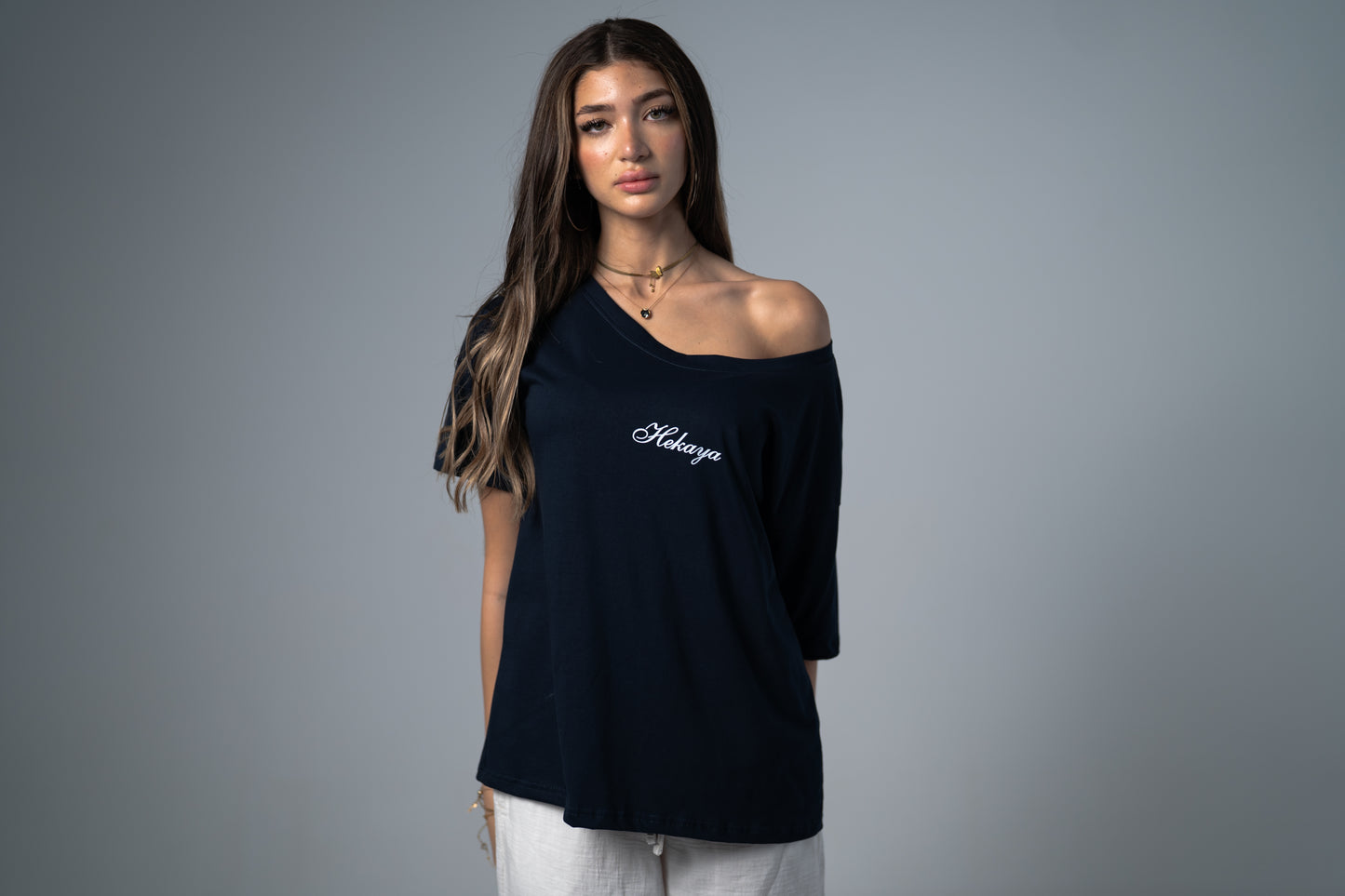 HER STORY OFF SHOULDER T-SHIRT IN NAVY