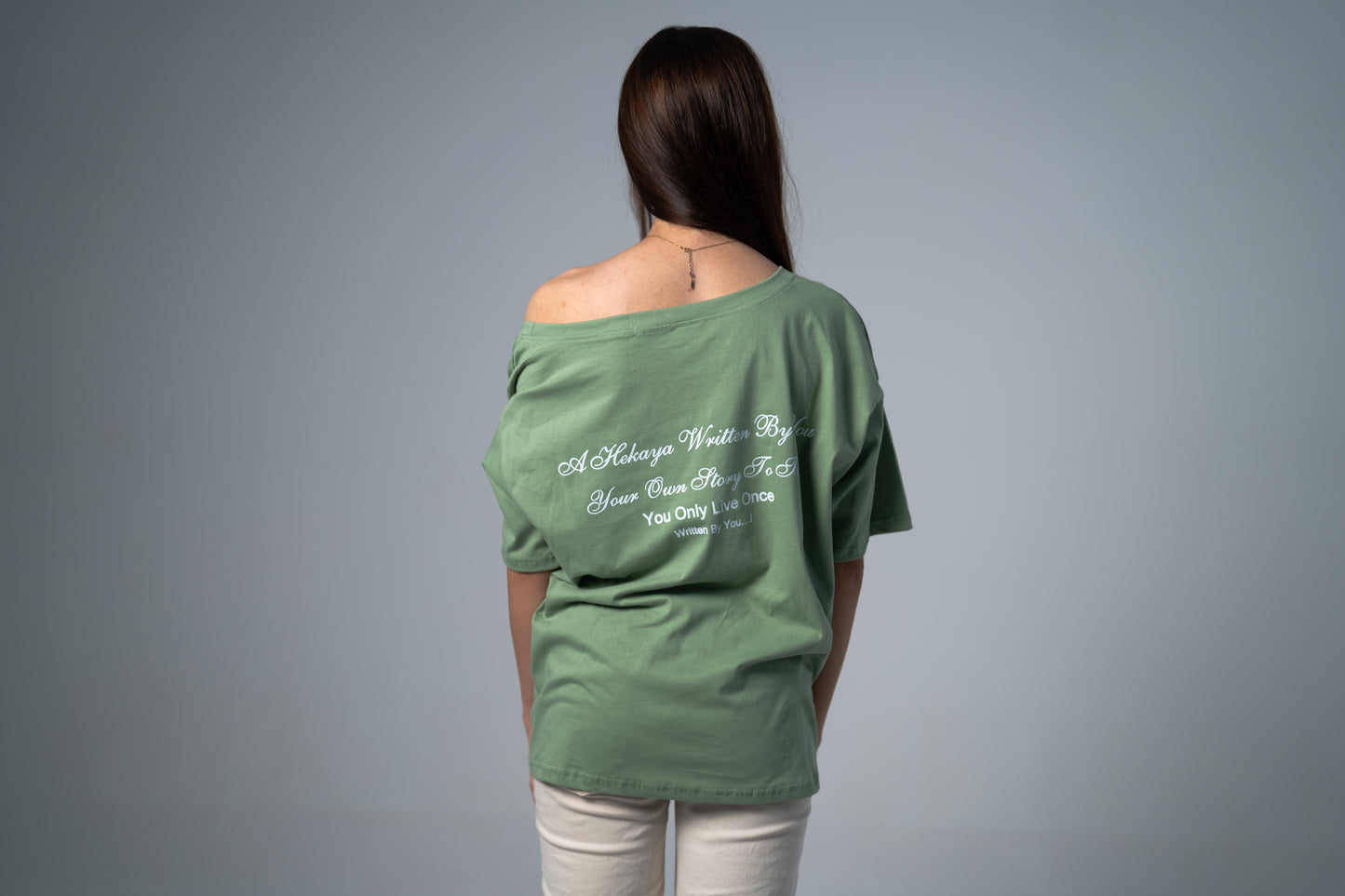 HER STORY OFF SHOULDER T-SHIRT IN MINT GREEN