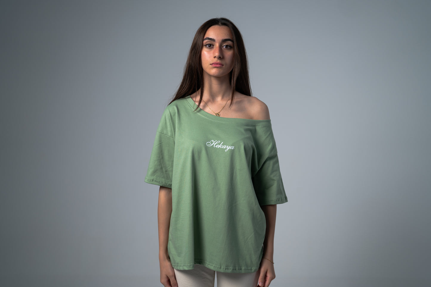 HER STORY OFF SHOULDER T-SHIRT IN MINT GREEN