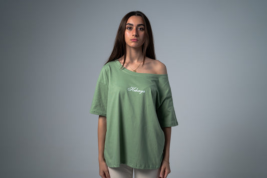 HER STORY OFF SHOULDER T-SHIRT IN MINT GREEN
